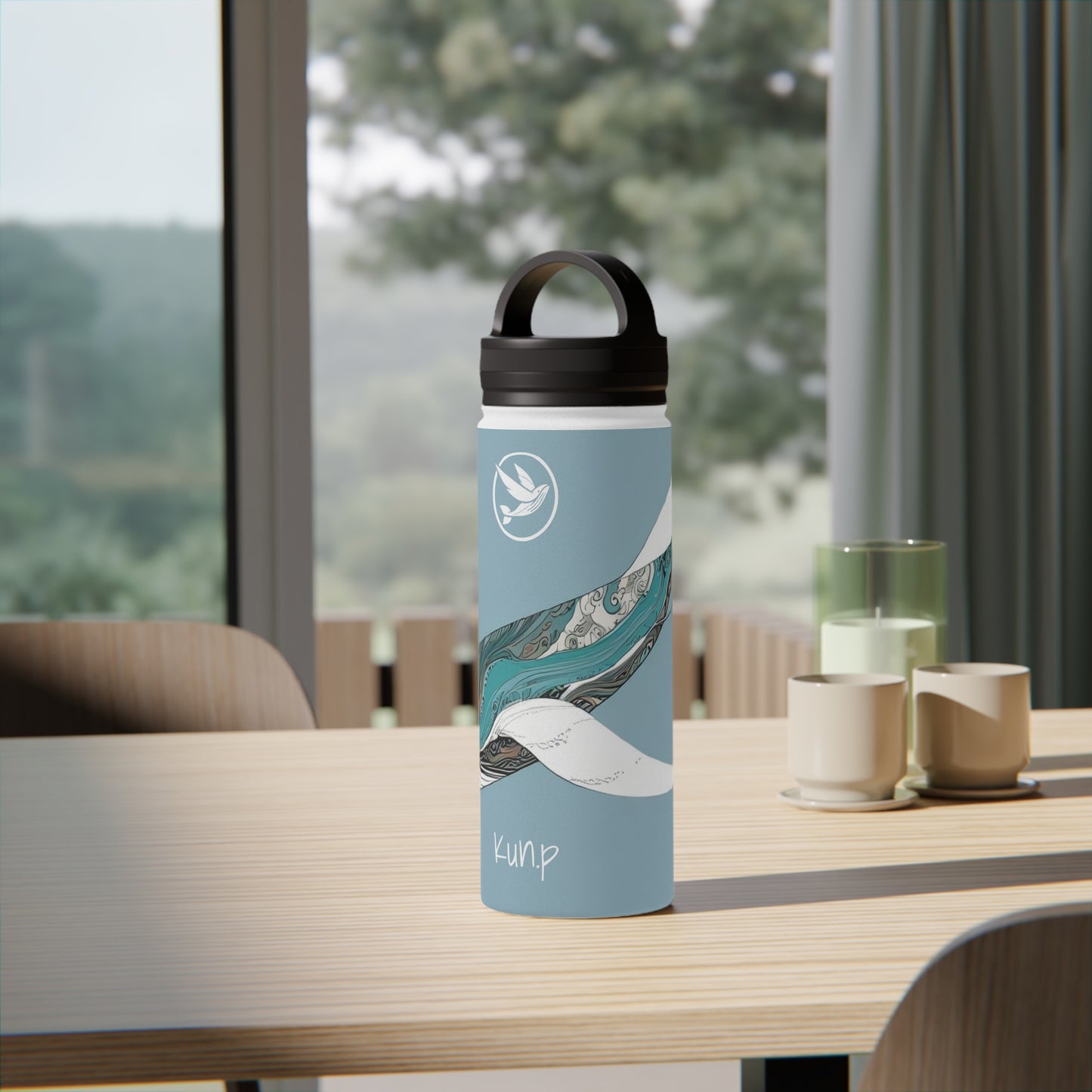 Stainless Steel Water Bottle, Handle Lid 18oz - Light Blue Whale