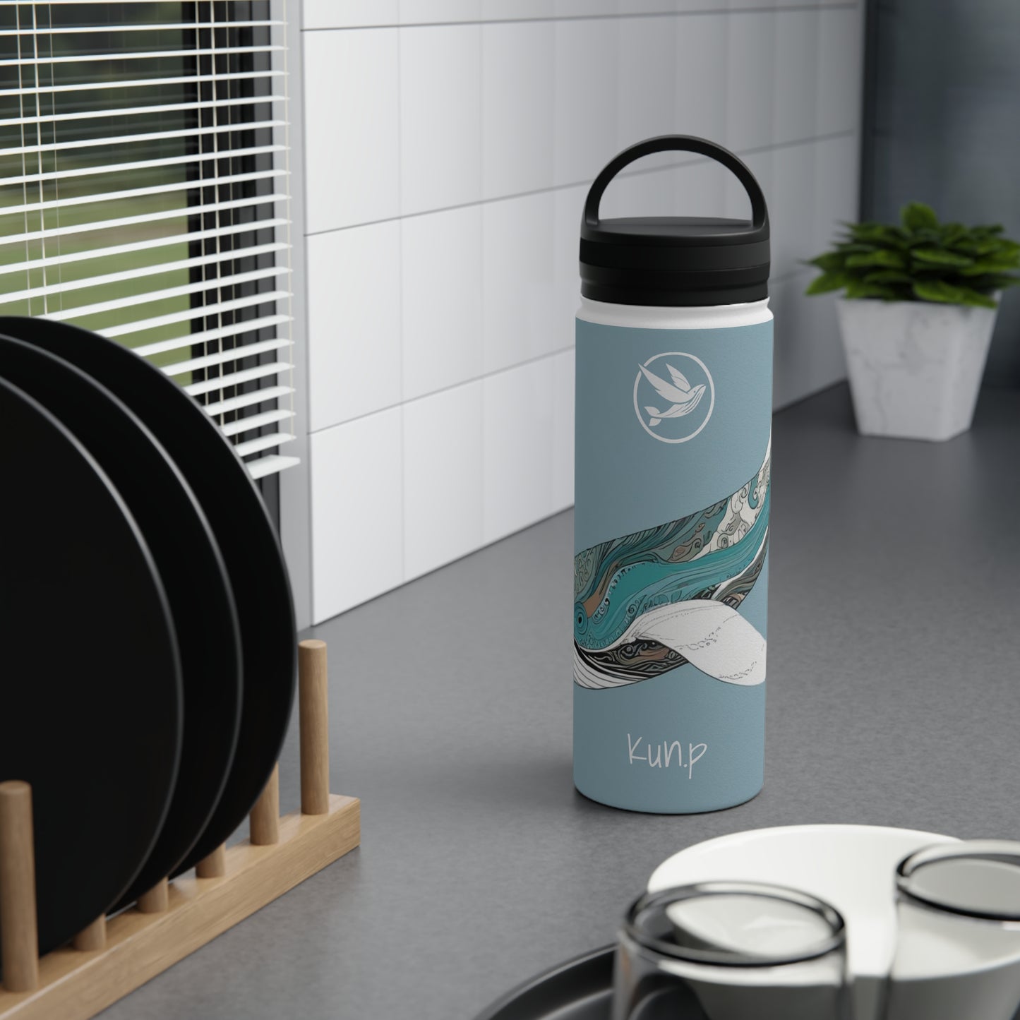 Stainless Steel Water Bottle, Handle Lid 18oz - Light Blue Whale